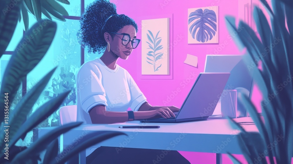 Woman Working on Laptop in a Stylish Home Office