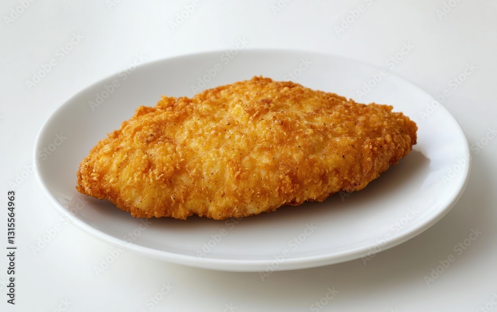 Crispy golden-brown breaded cutlet on a white plate. Close-up studio shot on a bright white background. Food photography Crispy golden-brown breaded cutlet on a white plate. Close-up studio shot on a bright white background. Food photography