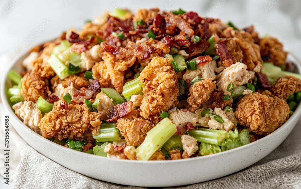 Crispy chicken salad with bacon and celery in a white bowl. Close-up view of a delicious and savory chicken salad Crispy chicken salad with bacon and celery in a white bowl. Close-up view of a delicious and savory chicken salad