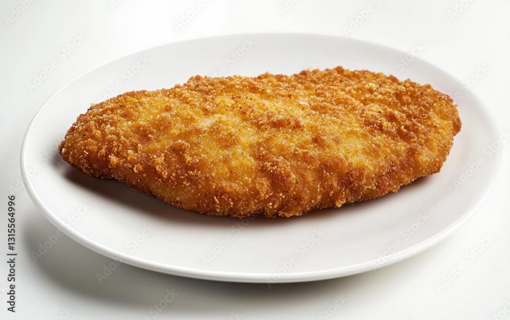 Golden-brown breaded cutlet on a white plate, captured in a close-up studio shot with bright lighting Golden-brown breaded cutlet on a white plate, captured in a close-up studio shot with bright lighting