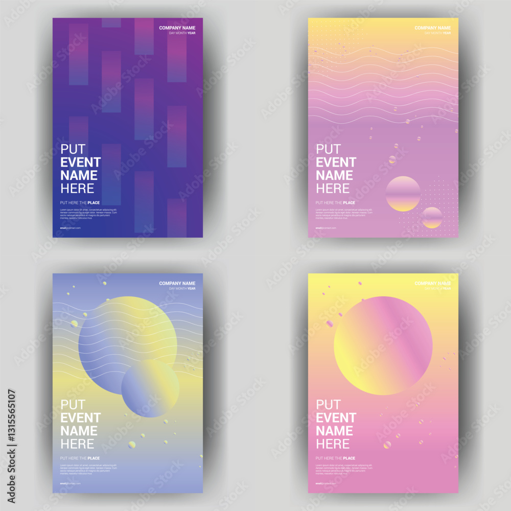 Fototapeta premium Four gradient event posters; abstract shapes; digital background; print design
