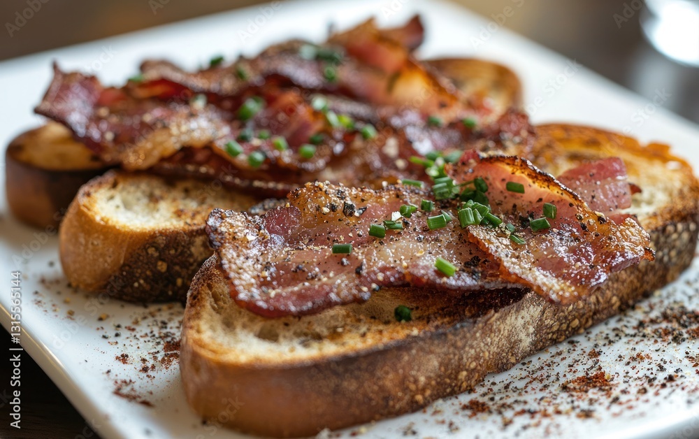 Crispy bacon slices on toasted bread, garnished with fresh chives and spices. Close-up view on a white rectangular plate Crispy bacon slices on toasted bread, garnished with fresh chives and spices. Close-up view on a white rectangular plate