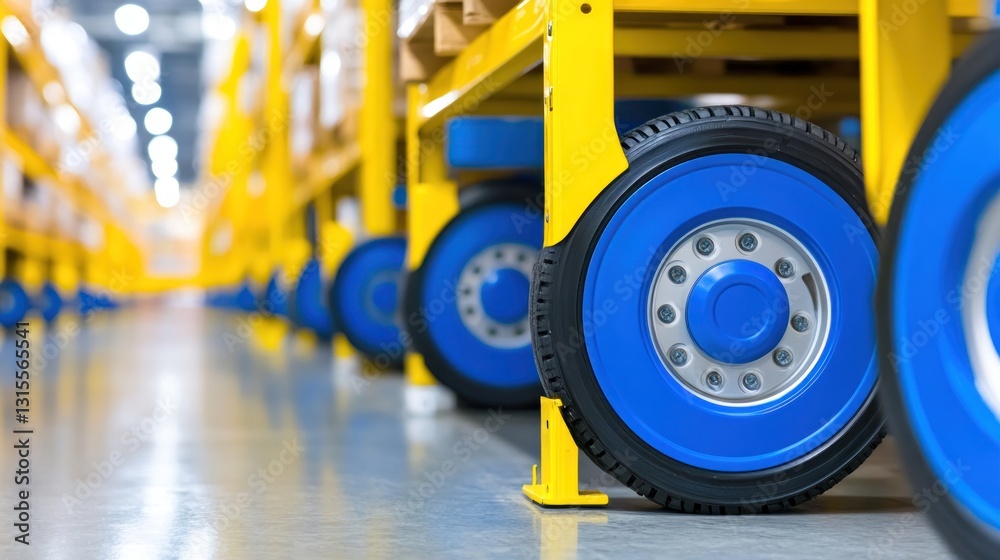 Blue-wheeled carts carrying goods in the warehouse, transporting materials for distribution