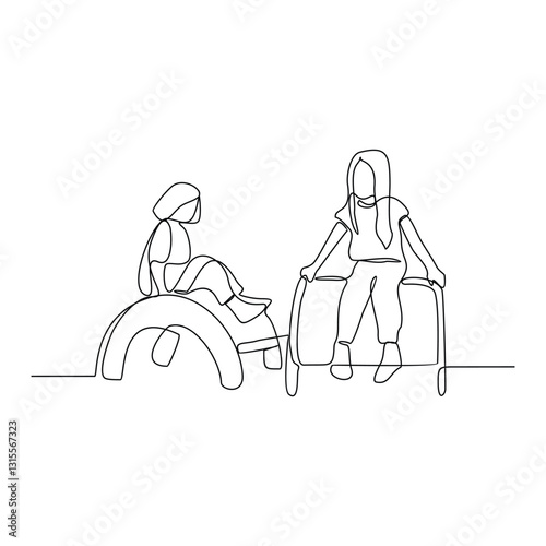 One continuous line drawing of children playing  in the playground park vector illustration. Games themes design concept in simple linear continuous line. Game themes design is suitable for your asset