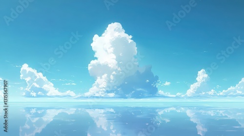 Fototapeta Naklejka Na Ścianę i Meble -  Serene anime landscape with puffy clouds reflected in calm water surface