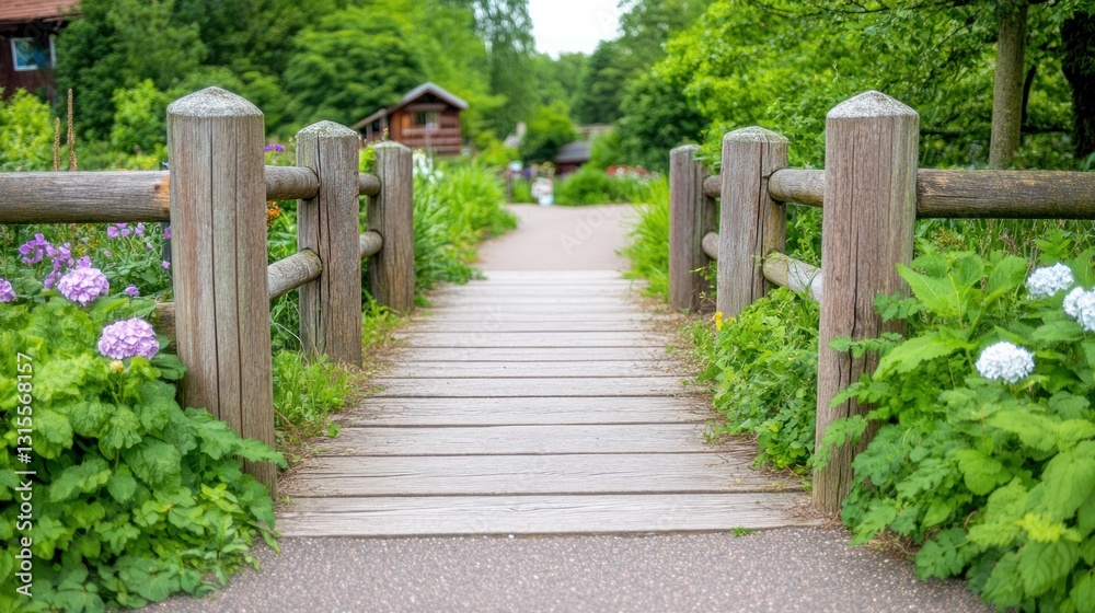 Bridge over garden, leading to a house. Tranquil scene, idyllic landscaping for an urban escape Bridge over garden, leading to a house. Tranquil scene, idyllic landscaping for an urban escape