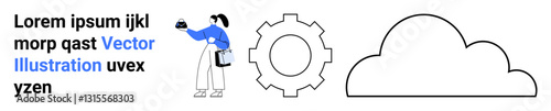 Woman holding tray gestures near gear and cloud elements, symbolizing technology, innovation, and service. Ideal for business, technology, automation, cloud computing, innovation productivity flat