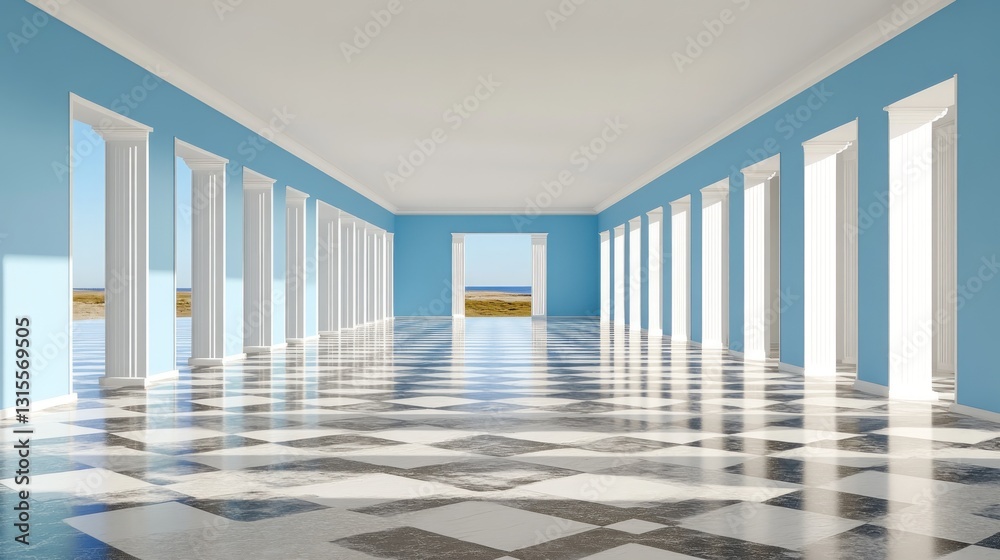 Bright Hallway View interior columns reveal ocean vista, ideal architecture, luxury living or escape concept