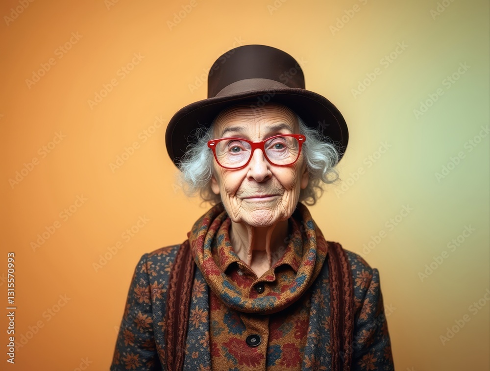 Stylish senior woman wearing a top hat and red glasses smiling on gradient background Stylish senior woman wearing a top hat and red glasses smiling on gradient background