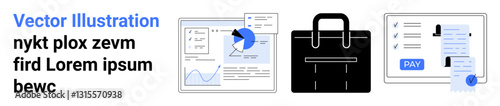 Business analytics dashboard, black briefcase, and payment receipt with a checklist. Ideal for finance, accounting, payment processing, business tools, data analysis, corporate scenarios abstract