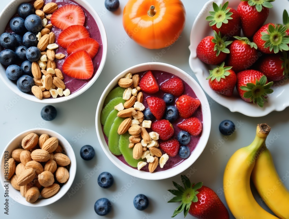 Healthy smoothie bowls with fresh fruits, nuts and berries enjoying a wellness breakfast Healthy smoothie bowls with fresh fruits, nuts and berries enjoying a wellness breakfast