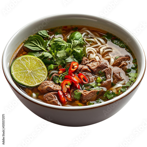 A Bowl of Vietnamese Pho Aromatic Noodle Soup with Beef and Lime Isolated on Transparent Background