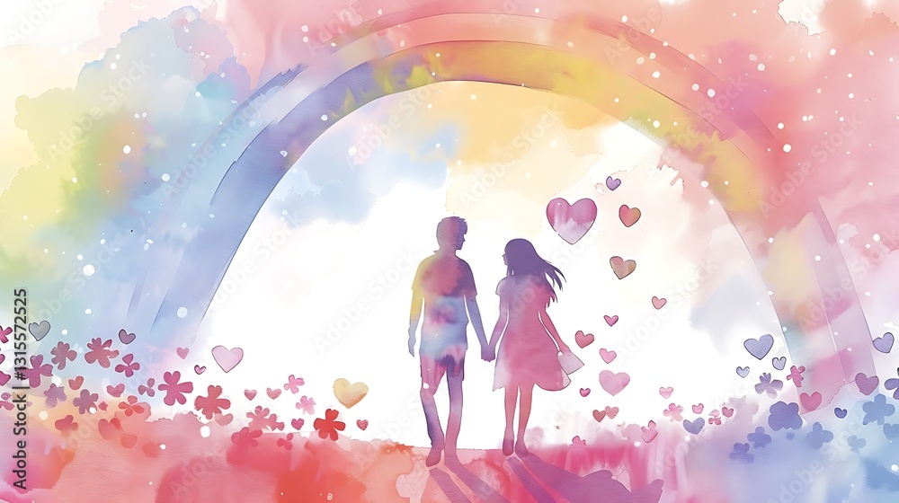 A whimsical watercolor illustration of a cute couple holding hands under a pastel rainbow, surrounded by floating hearts and flowers, hand-drawn sketch aesthetic, 8k UHD, suitable for high-quality A whimsical watercolor illustration of a cute couple holding hands under a pastel rainbow, surrounded by floating hearts and flowers, hand-drawn sketch aesthetic, 8k UHD, suitable for high-quality