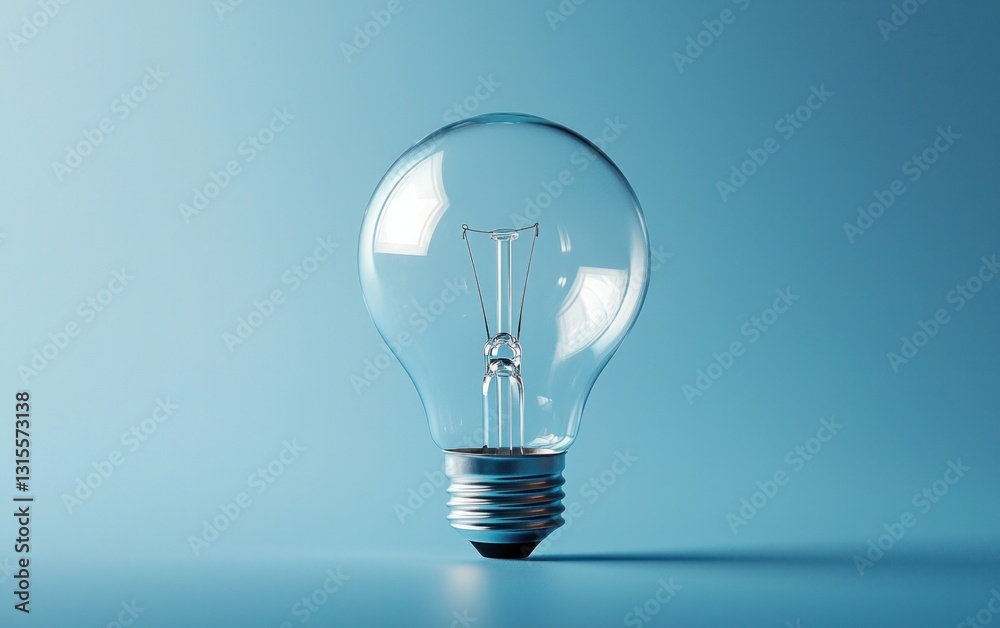 Clear lightbulb on a light blue background. The bulb is shown in profile, showcasing its glass structure and metal base. Simple, clean image Clear lightbulb on a light blue background. The bulb is shown in profile, showcasing its glass structure and metal base. Simple, clean image