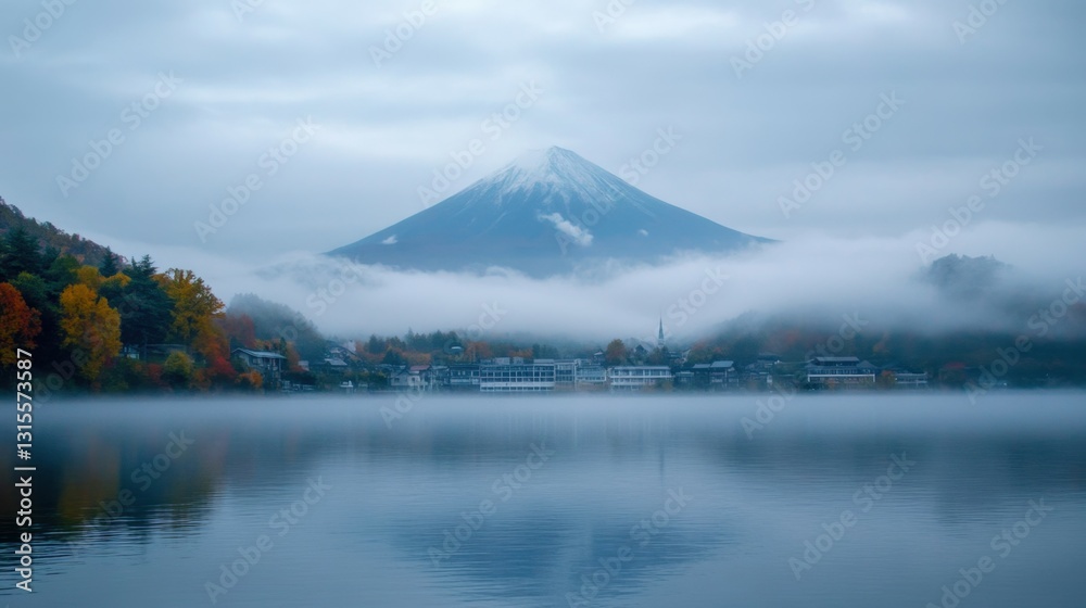Naklejka premium Colorful Autumn Season and Mountain Fuji with morning fog and red leaves at lake Kawaguchiko is one of the best places in Japan