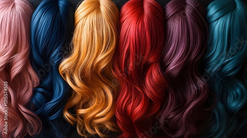 Row of long, wavy wigs in bold shades of pink, blue, red and gold, styled elegantly and arranged artistically. Colorful hair choices for fashion, cosplay or personal style