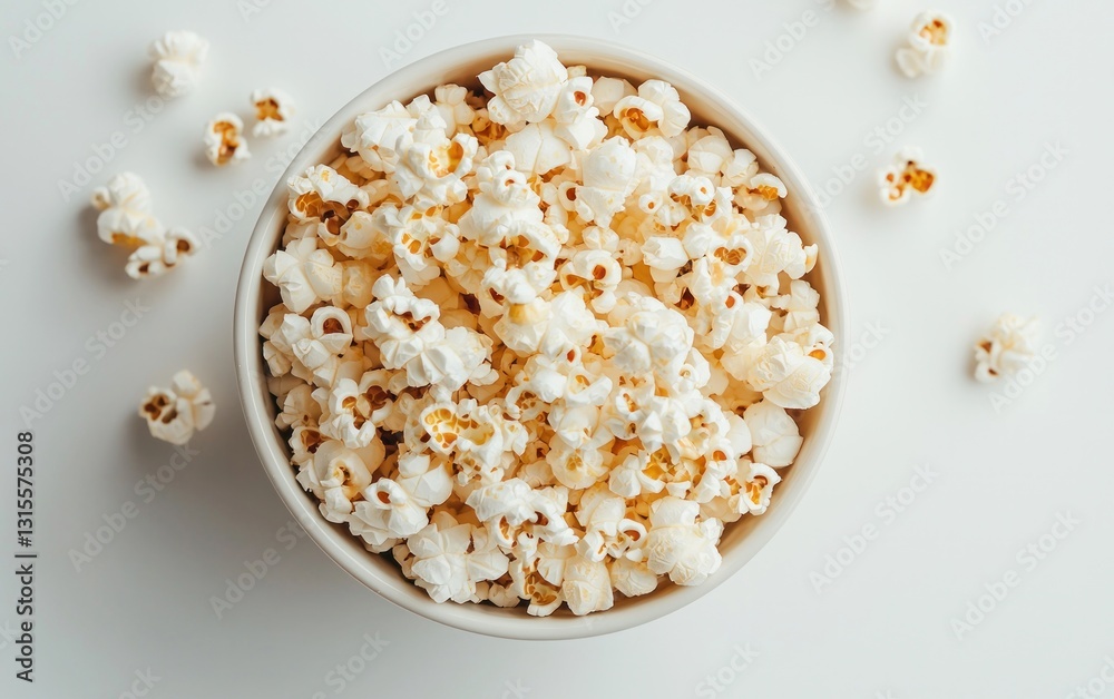 Overhead view of a bowl filled with popcorn on a white background. Some popcorn kernels are scattered around the bowl Overhead view of a bowl filled with popcorn on a white background. Some popcorn kernels are scattered around the bowl