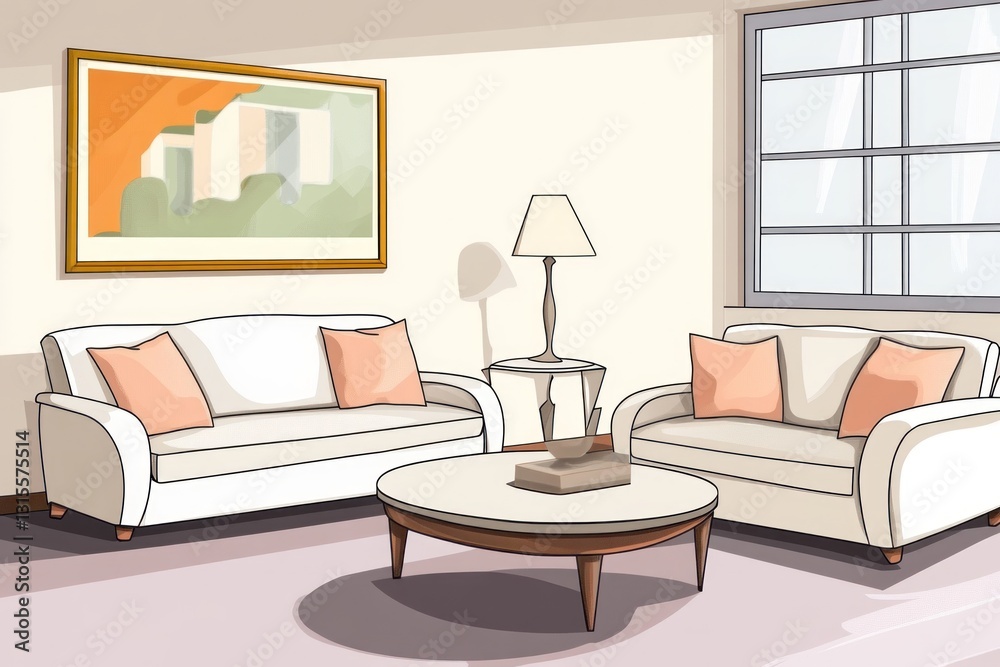 Fototapeta premium Cozy living room with two sofas, coffee table, lamp, and artwork.
