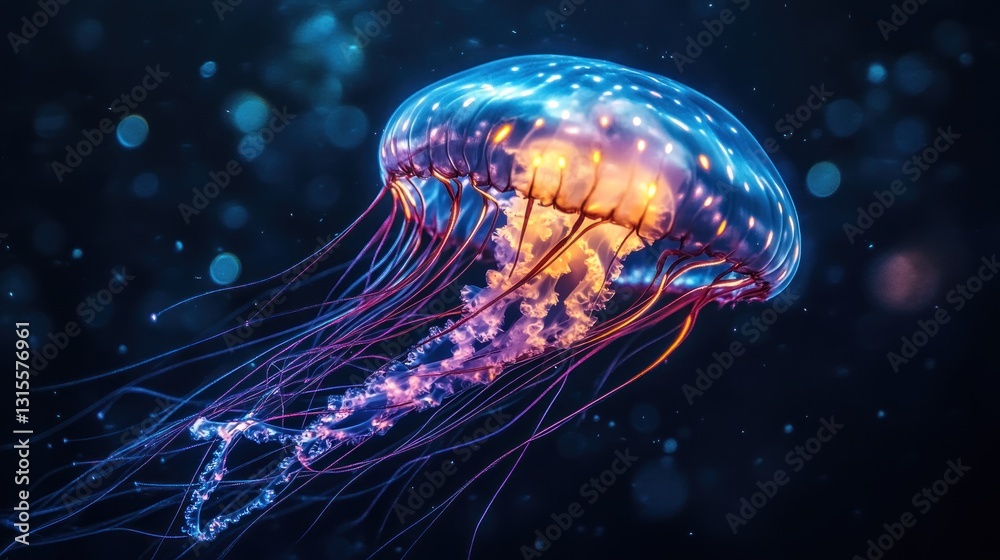Obraz premium Illuminated marine life featuring a bioluminescent jellyfish drifting gracefully
