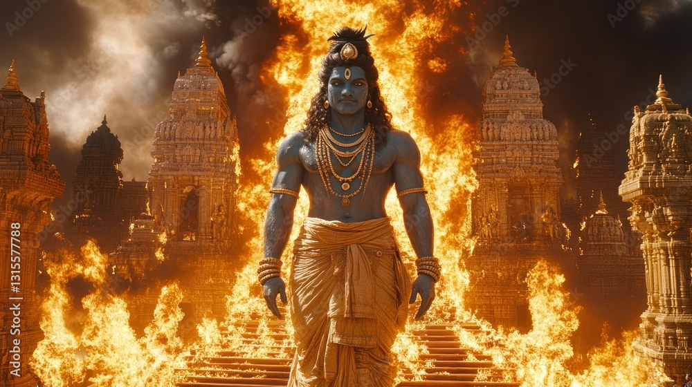 Fototapeta premium Powerful deity amidst fiery temple ruins