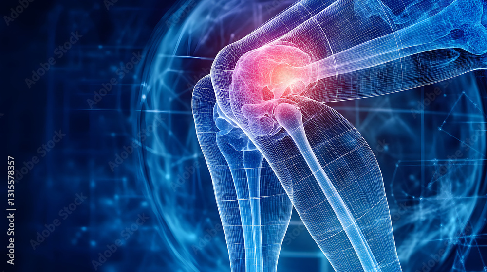 Inflammation of the knee joint. Symptom of arthrosis or arthritis, joint pain or injury. Medical illustration Inflammation of the knee joint. Symptom of arthrosis or arthritis, joint pain or injury. Medical illustration