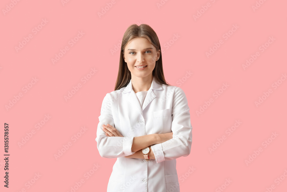 Beautiful young doctor on pink background Beautiful young doctor on pink background