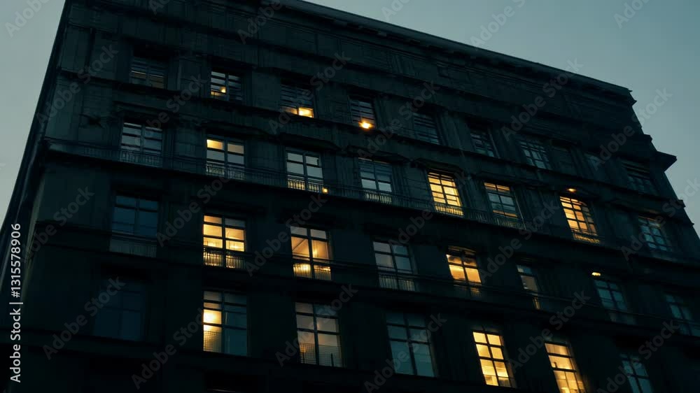 Intriguing architectural exploration of a cityscape at dusk with glowing windows and a mysterious charm Intriguing architectural exploration of a cityscape at dusk with glowing windows and a mysterious charm