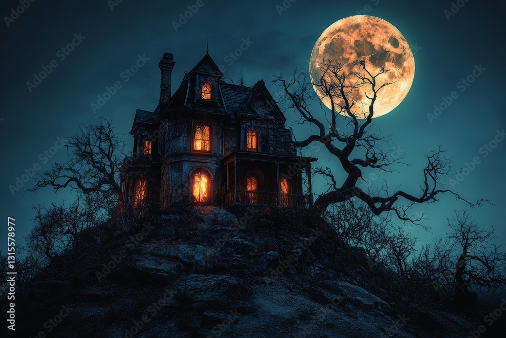 Fototapeta premium haunted house on a hill, with twisted trees, glowing windows, and a full moon in the background, creating a chilling Halloween night scene