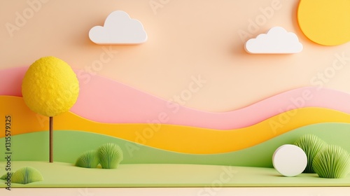 Children's art of nature with sun and clouds. Background for education or presentation
