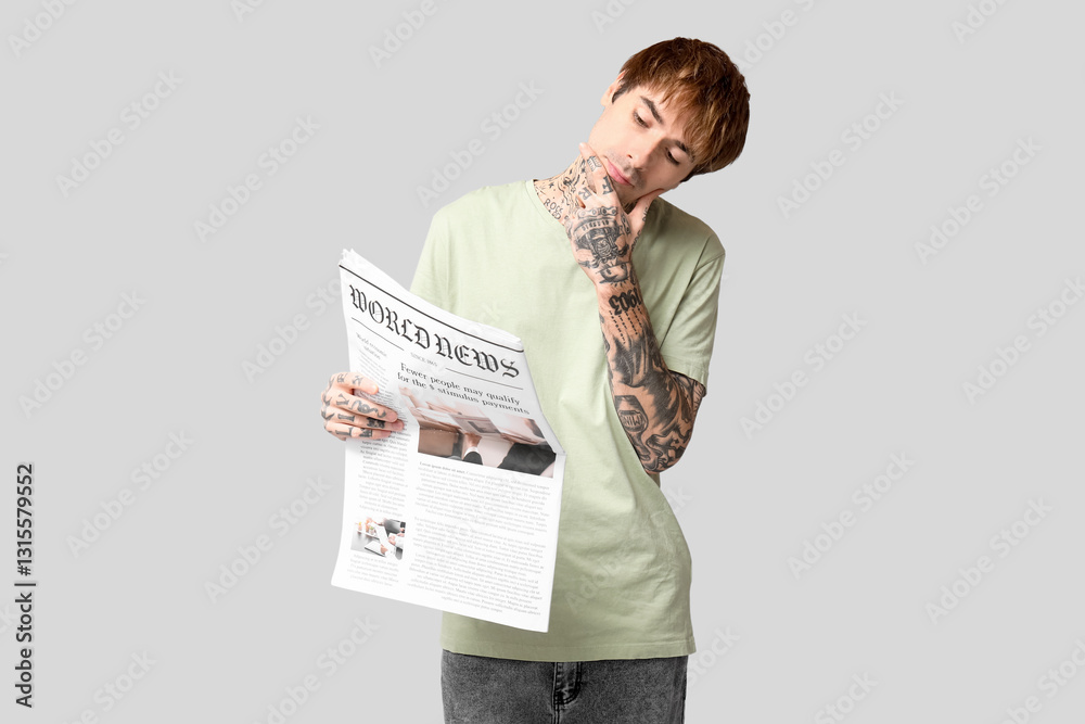 Thoughtful young man with newspaper on grey background Thoughtful young man with newspaper on grey background