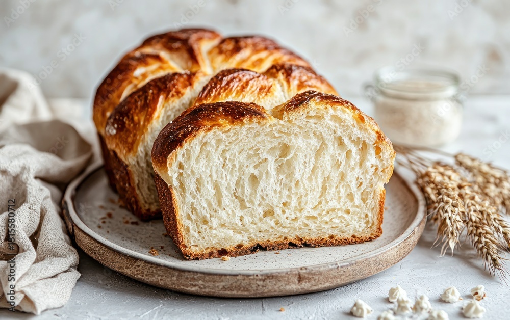 Golden-brown artisan bread loaf sliced on a rustic plate, accompanied by wheat stalks and a jar of flour, creating a warm and inviting bakery scene Golden-brown artisan bread loaf sliced on a rustic plate, accompanied by wheat stalks and a jar of flour, creating a warm and inviting bakery scene