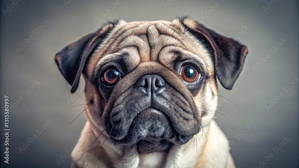 Pug Portrait with Exposed Eye , grey, curious, grey,curious Pug Portrait with Exposed Eye , grey, curious, grey,curious