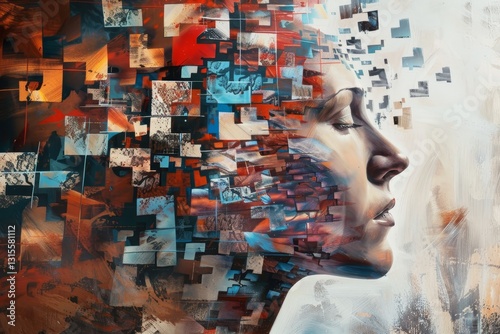 Digital art of abstract memory: a womans face in geometric shapes, An abstract representation of the process of memorizing information photo