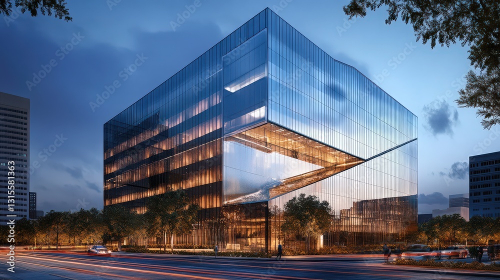 Obraz premium Modern glass building architecture reflecting cityscape at twilight hour