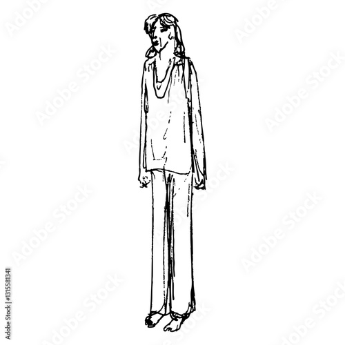 Standing barefoot young man wearing loose shirt and pants. Hand drawn linear doodle rough sketch. Black and white silhouette.