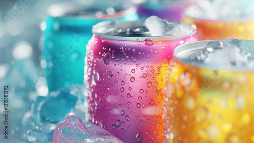 close-up of colorful soda cans covered in ice, condensation dripping photo