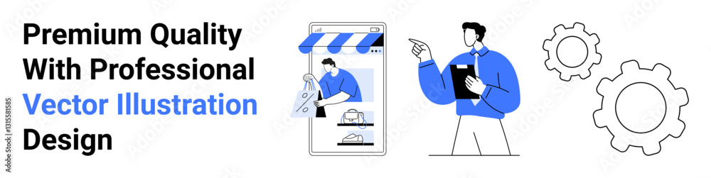 Virtual storefront with person designing on tablet, consultant pointing while holding clipboard, gear graphics. Ideal for web design, e-commerce, marketing, consulting, startups, innovation flat Virtual storefront with person designing on tablet, consultant pointing while holding clipboard, gear graphics. Ideal for web design, e-commerce, marketing, consulting, startups, innovation flat