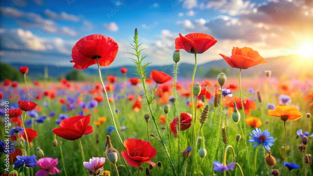 A vibrant meadow filled with red poppies swaying in the gentle summer breeze surrounded by lush green grass and colorful wildflowers, landscape, meadow A vibrant meadow filled with red poppies swaying in the gentle summer breeze surrounded by lush green grass and colorful wildflowers, landscape, meadow