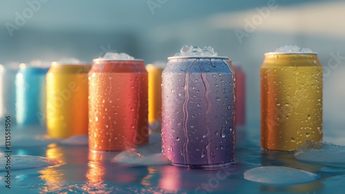 close-up of colorful soda cans covered in ice, condensation dripping photo