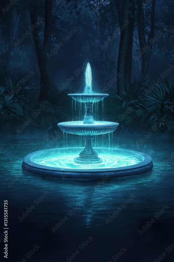 A glowing fountain in a dark, serene forest, illuminated by soft blue light, creating an enchanting atmosphere. A glowing fountain in a dark, serene forest, illuminated by soft blue light, creating an enchanting atmosphere.
