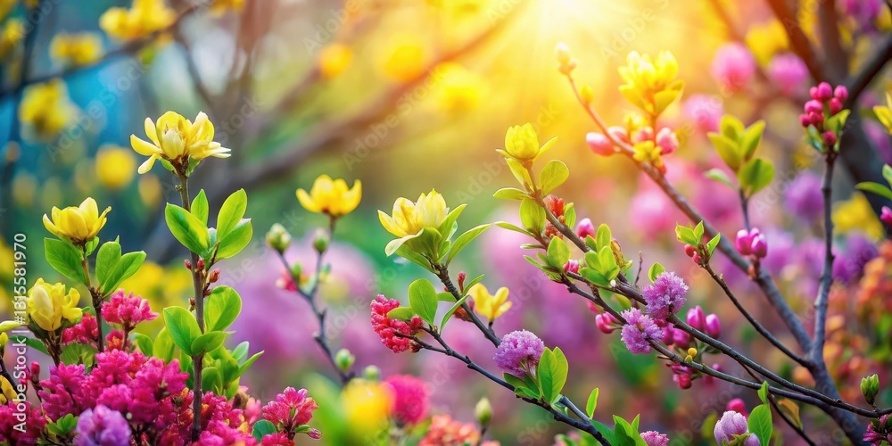 Dense foliage with vibrant greenery, bursting buds and colorful blooms in early spring , nature, renewal Dense foliage with vibrant greenery, bursting buds and colorful blooms in early spring , nature, renewal