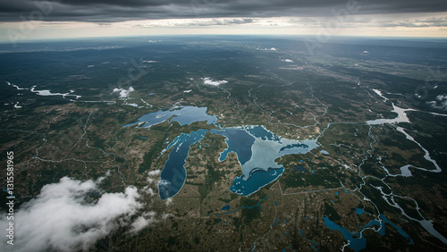 Fototapeta Naklejka Na Ścianę i Meble -  A stunning photograph of an expansive map of great lakes landscape stretching to the horizon Genrated Ai, 78