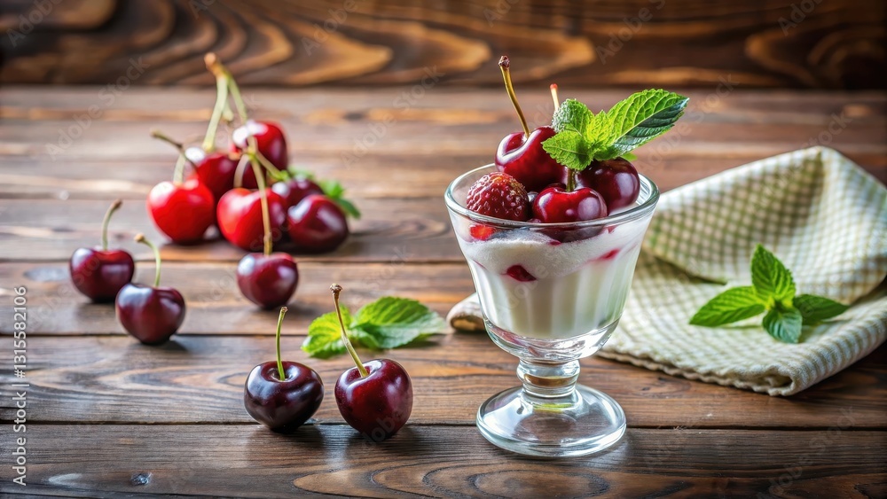 Fresh cherry sundae on a modern wooden table with a glass of cold milk in the background and a few fresh mint leaves scattered around , milk, decorative tableware Fresh cherry sundae on a modern wooden table with a glass of cold milk in the background and a few fresh mint leaves scattered around , milk, decorative tableware