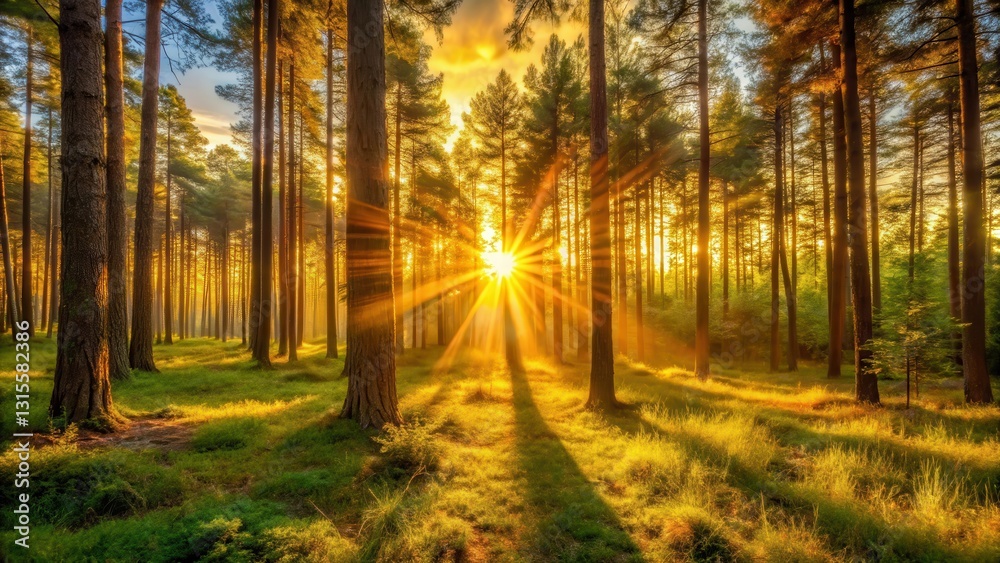 Fototapeta premium Warm golden rays peeking through the trees of a serene forest landscape at sunset, golden hour , forest