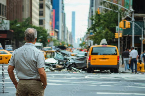  Bystander Concept: Silent Bystander Witnessing a Car Crash in the Heart of the City, Bystander Effect and Individuality,  onlooker, spectator,  witness, 