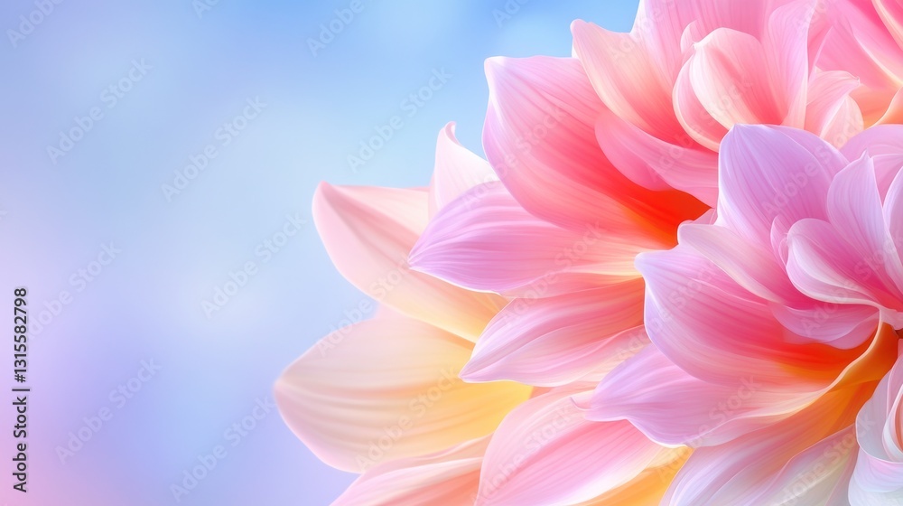 Fototapeta premium Close-up Delicate pink dahlia flower unfurls against soft, pastel sky. Background texture