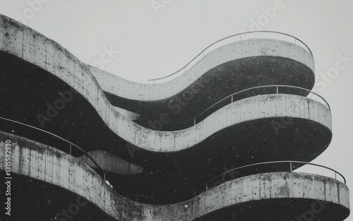 Abstract grayscale image of a wave-like building with multiple levels and balconies.  The concrete structure features a unique, flowing design. Subtle speckles and a slightly grainy texture add