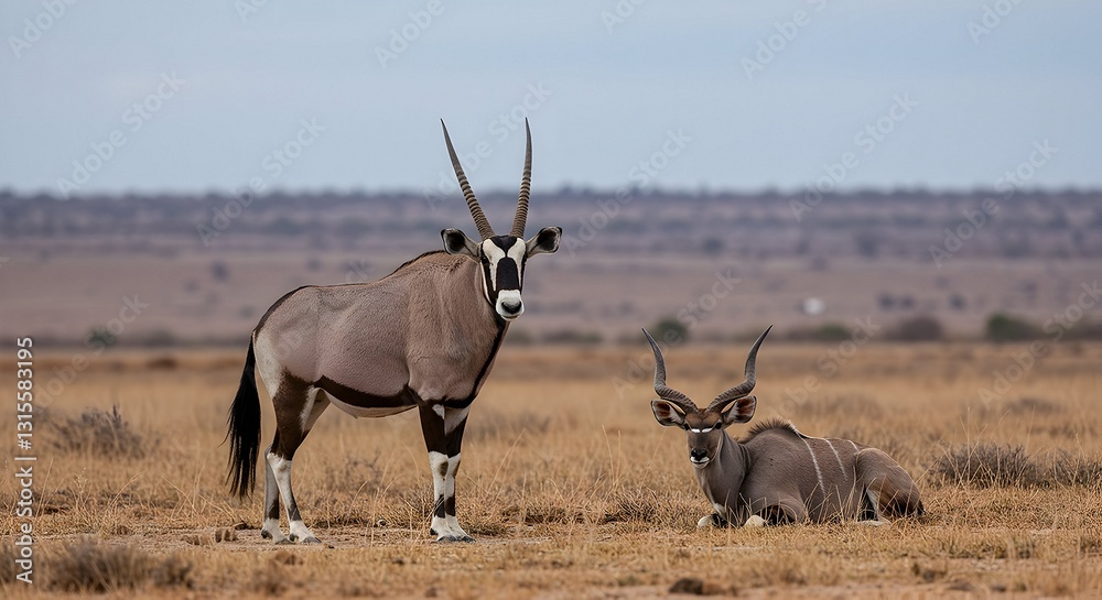 Antelope Standing and Lying Down in a Dry Grassland Setting Antelope Standing and Lying Down in a Dry Grassland Setting