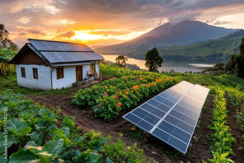 A small village powered by solar grids, with happy residents and lush surroundings