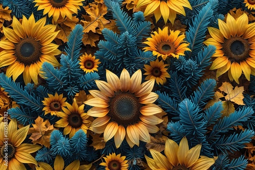Vibrant Autumn Floral Arrangement with Sunflowers and Cobalt Fir in Stunning Detail